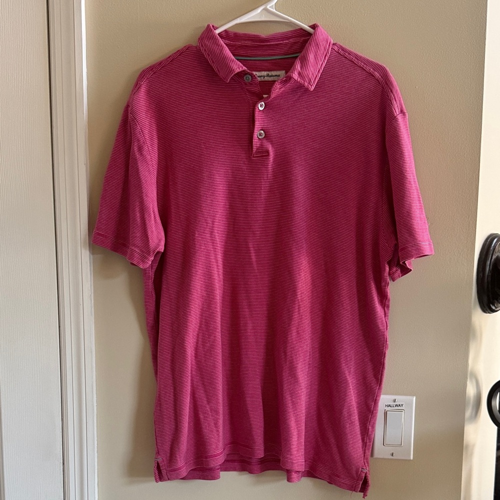 Tommy Bahama Red and White Striped Polo Shirt